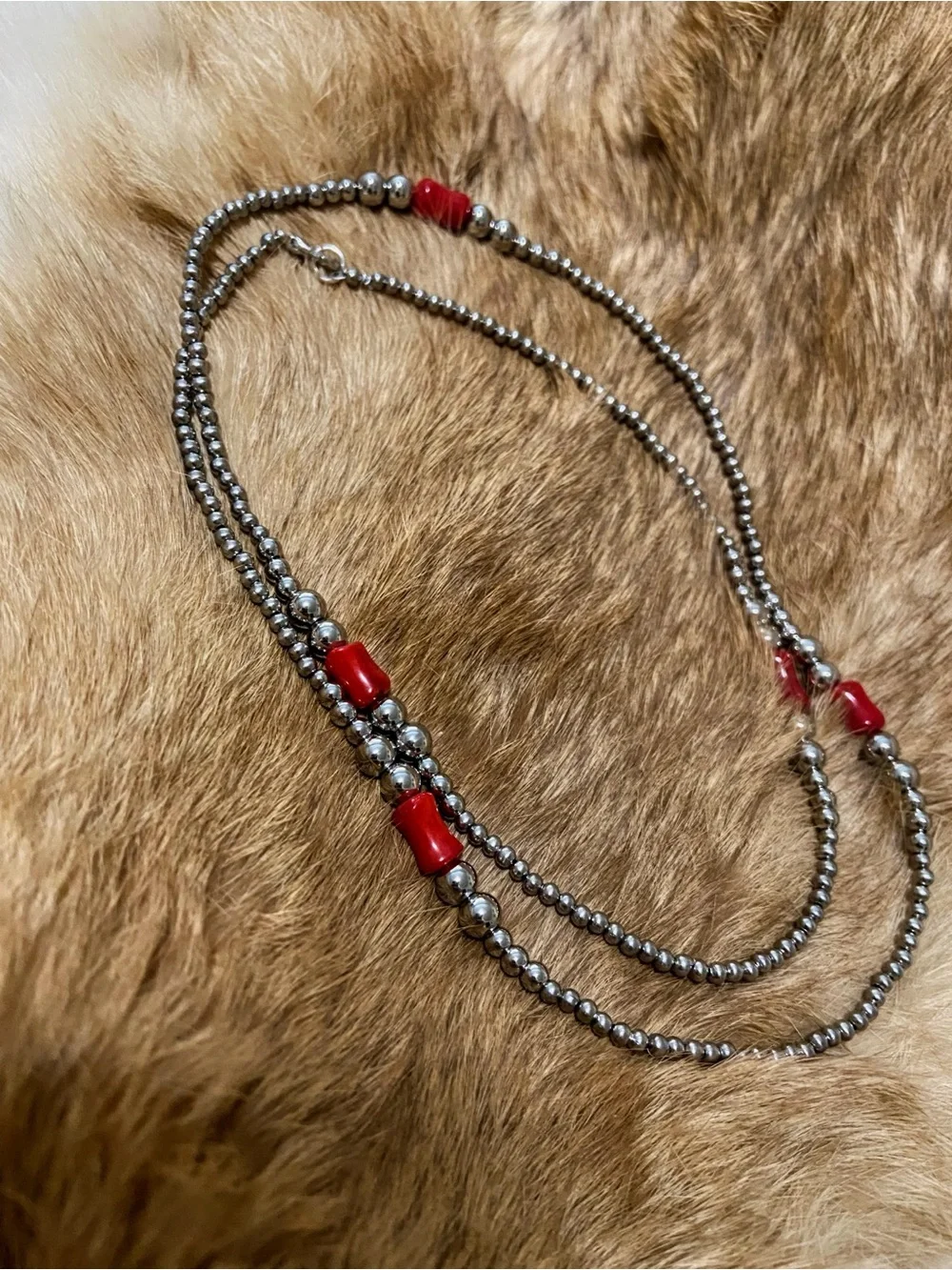 Silver Pearl & Red Coral Necklaces - Navajo Pearl Style - Stainless Steel - Picture 4 of 9